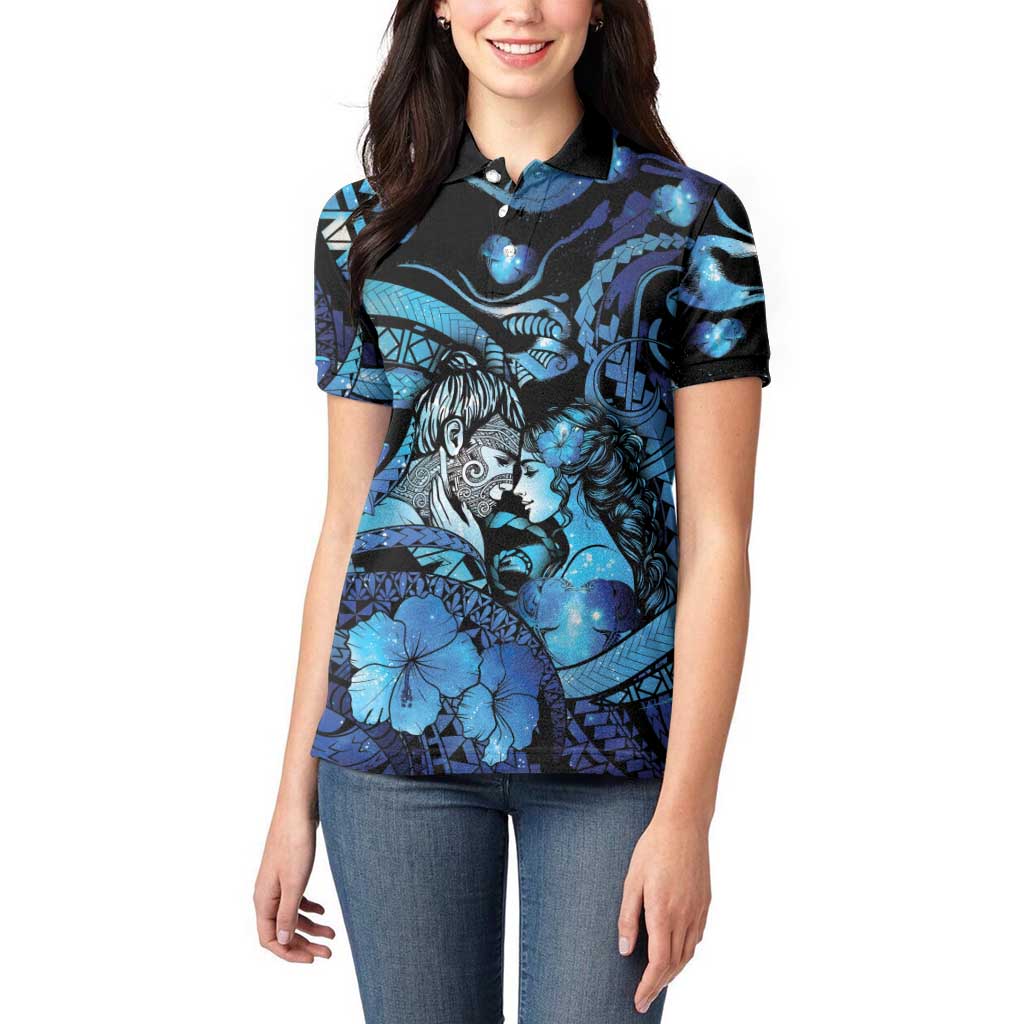 Personalised Maori Romantic Valentine Women Polo Shirt The Hongi Kiss Blue Galaxy