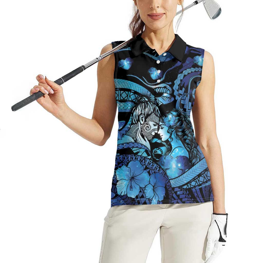 Personalised Maori Romantic Valentine Women Sleeveless Polo Shirt The Hongi Kiss Blue Galaxy