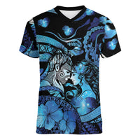 Personalised Maori Romantic Valentine Women V-Neck T-Shirt The Hongi Kiss Blue Galaxy