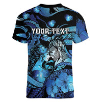 Personalised Maori Romantic Valentine Women V-Neck T-Shirt The Hongi Kiss Blue Galaxy