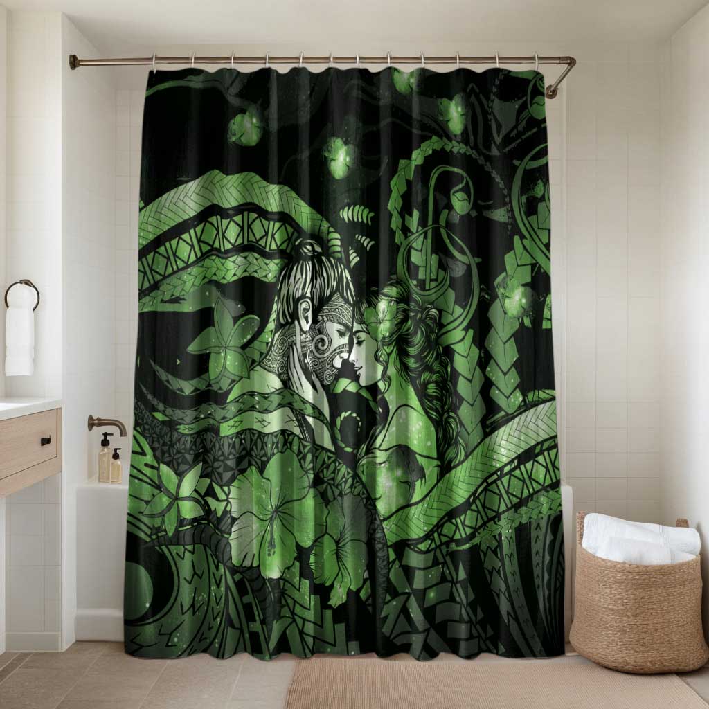 Maori Romantic Valentine Bathroom Set The Hongi Kiss Green Galaxy DT05 Shower Curtain Only Green - Polynesian Pride