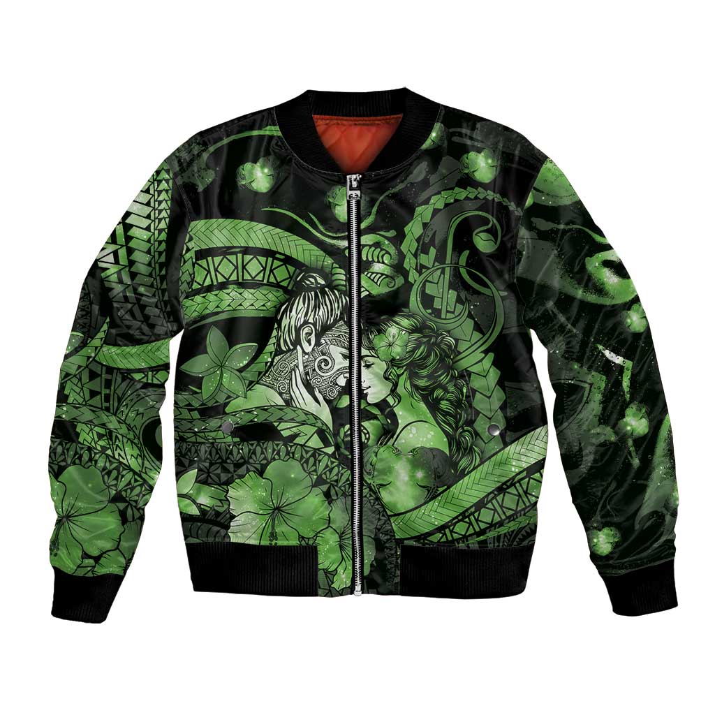 Personalised Maori Romantic Valentine Bomber Jacket The Hongi Kiss Green Galaxy DT05 Unisex Green - Polynesian Pride