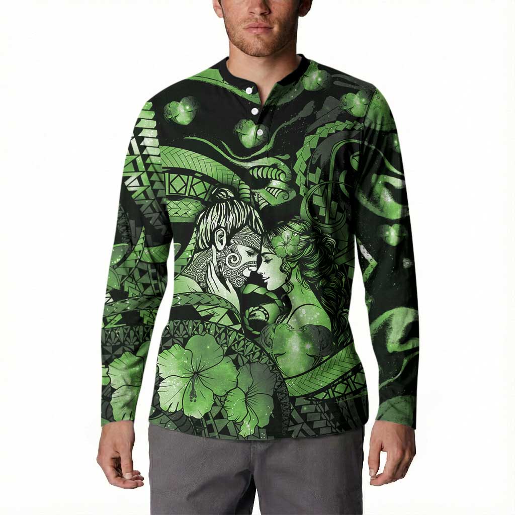 Personalised Maori Romantic Valentine Button Sweatshirt The Hongi Kiss Green Galaxy