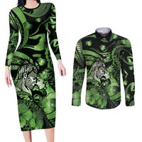 Personalised Maori Romantic Valentine Couples Matching Long Sleeve Bodycon Dress and Long Sleeve Button Shirt The Hongi Kiss Green Galaxy
