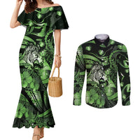 Personalised Maori Romantic Valentine Couples Matching Mermaid Dress and Long Sleeve Button Shirt The Hongi Kiss Green Galaxy DT05 Green - Polynesian Pride