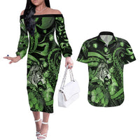 Personalised Maori Romantic Valentine Couples Matching Off The Shoulder Long Sleeve Dress and Hawaiian Shirt The Hongi Kiss Green Galaxy