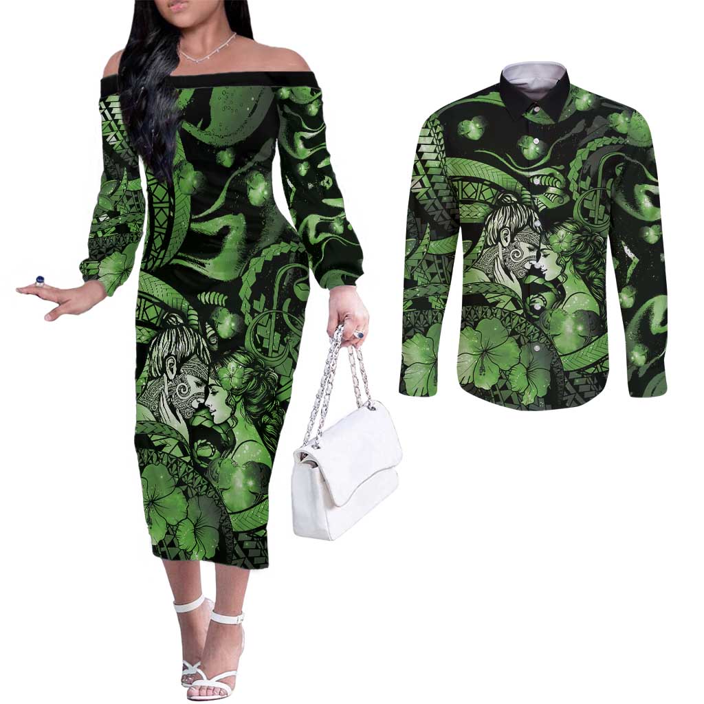 Personalised Maori Romantic Valentine Couples Matching Off The Shoulder Long Sleeve Dress and Long Sleeve Button Shirt The Hongi Kiss Green Galaxy
