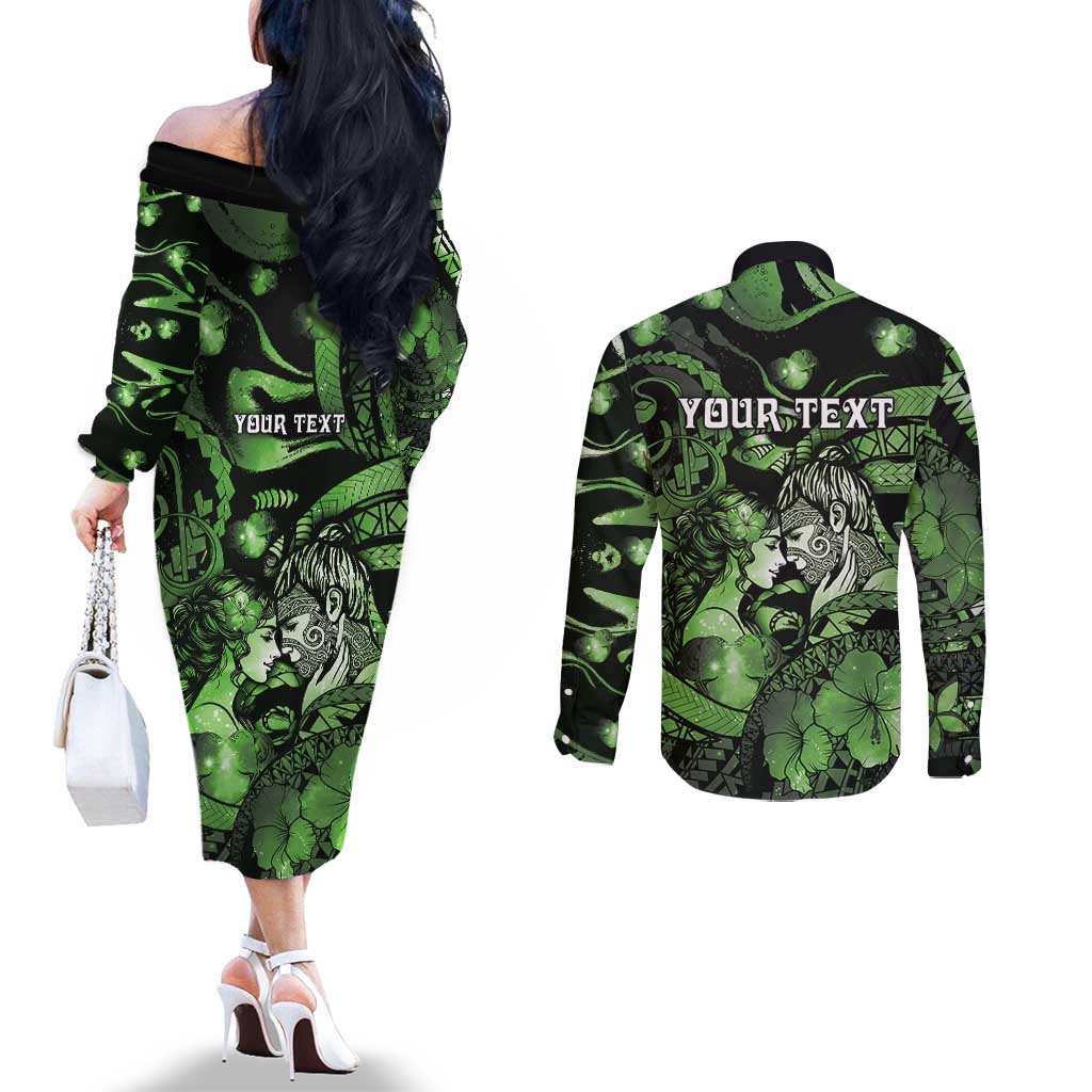 Personalised Maori Romantic Valentine Couples Matching Off The Shoulder Long Sleeve Dress and Long Sleeve Button Shirt The Hongi Kiss Green Galaxy