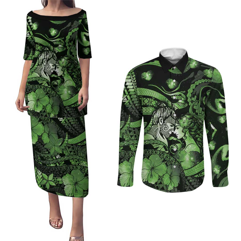 Personalised Maori Romantic Valentine Couples Matching Puletasi and Long Sleeve Button Shirt The Hongi Kiss Green Galaxy