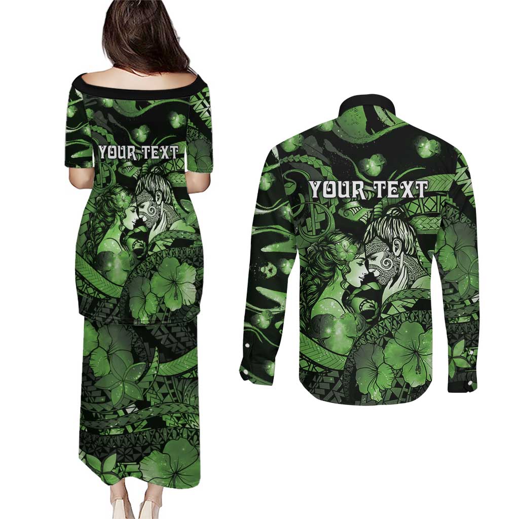 Personalised Maori Romantic Valentine Couples Matching Puletasi and Long Sleeve Button Shirt The Hongi Kiss Green Galaxy
