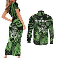 Personalised Maori Romantic Valentine Couples Matching Short Sleeve Bodycon Dress and Long Sleeve Button Shirt The Hongi Kiss Green Galaxy