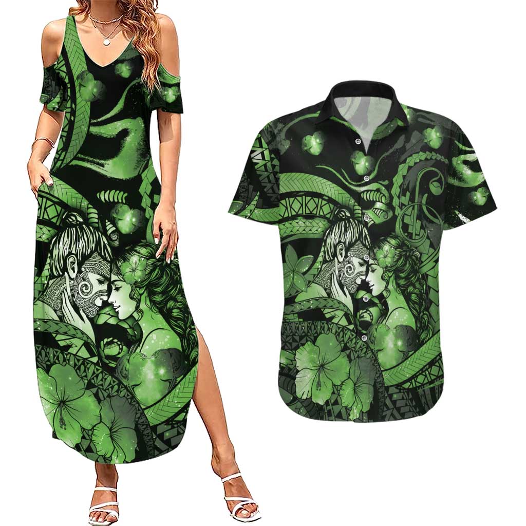Personalised Maori Romantic Valentine Couples Matching Summer Maxi Dress and Hawaiian Shirt The Hongi Kiss Green Galaxy