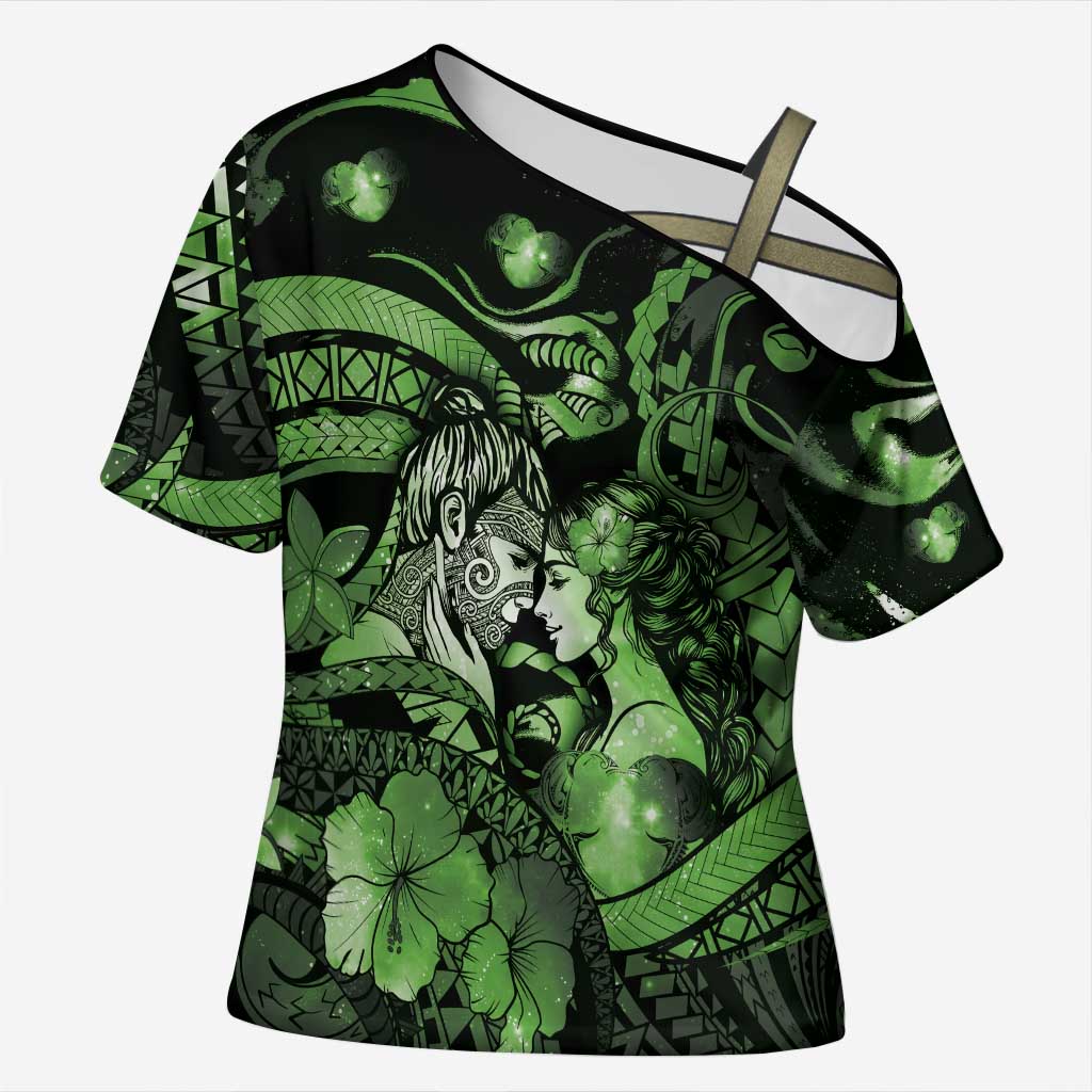 Personalised Maori Romantic Valentine Cross Shoulder Shirt The Hongi Kiss Green Galaxy DT05 Female Green - Polynesian Pride
