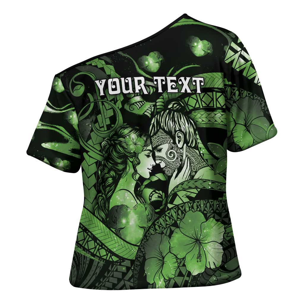 Personalised Maori Romantic Valentine Cross Shoulder Shirt The Hongi Kiss Green Galaxy DT05 - Polynesian Pride
