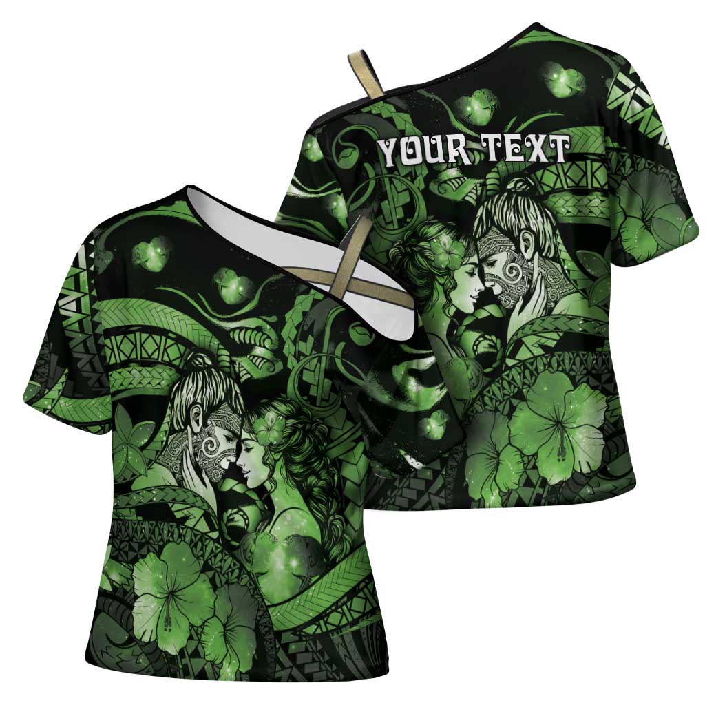 Personalised Maori Romantic Valentine Cross Shoulder Shirt The Hongi Kiss Green Galaxy DT05 - Polynesian Pride