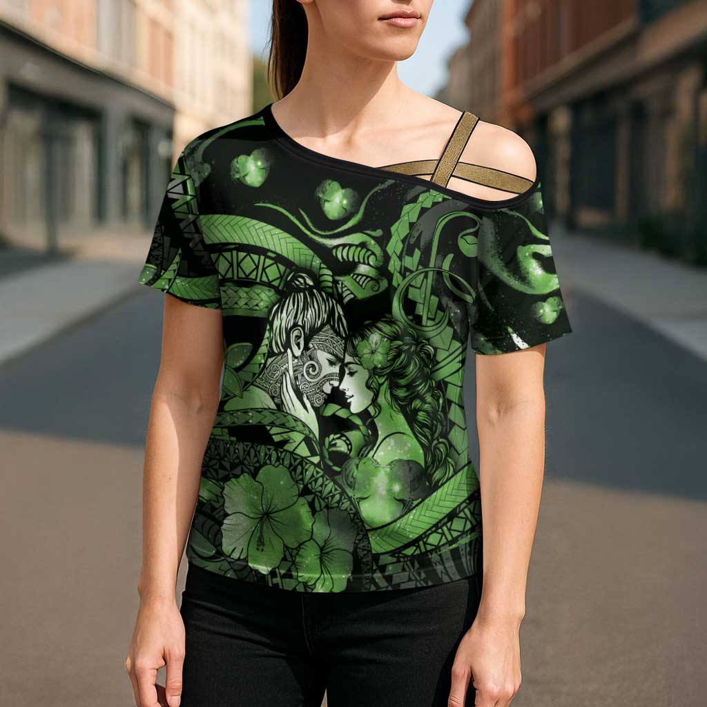 Personalised Maori Romantic Valentine Cross Shoulder Shirt The Hongi Kiss Green Galaxy DT05 - Polynesian Pride