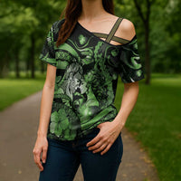 Personalised Maori Romantic Valentine Cross Shoulder Shirt The Hongi Kiss Green Galaxy DT05 - Polynesian Pride