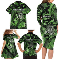 Personalised Maori Romantic Valentine Family Matching Long Sleeve Bodycon Dress and Hawaiian Shirt The Hongi Kiss Green Galaxy