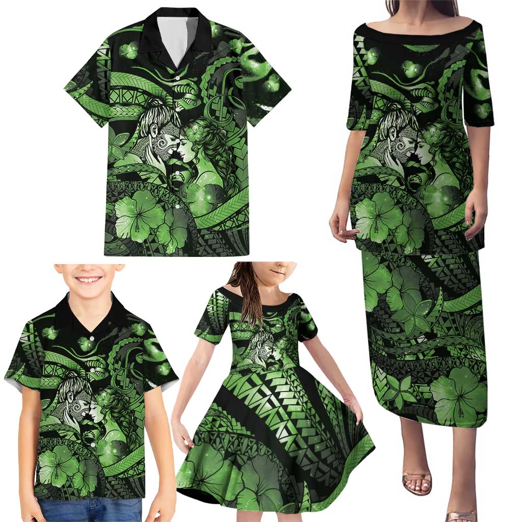 Personalised Maori Romantic Valentine Family Matching Puletasi and Hawaiian Shirt The Hongi Kiss Green Galaxy