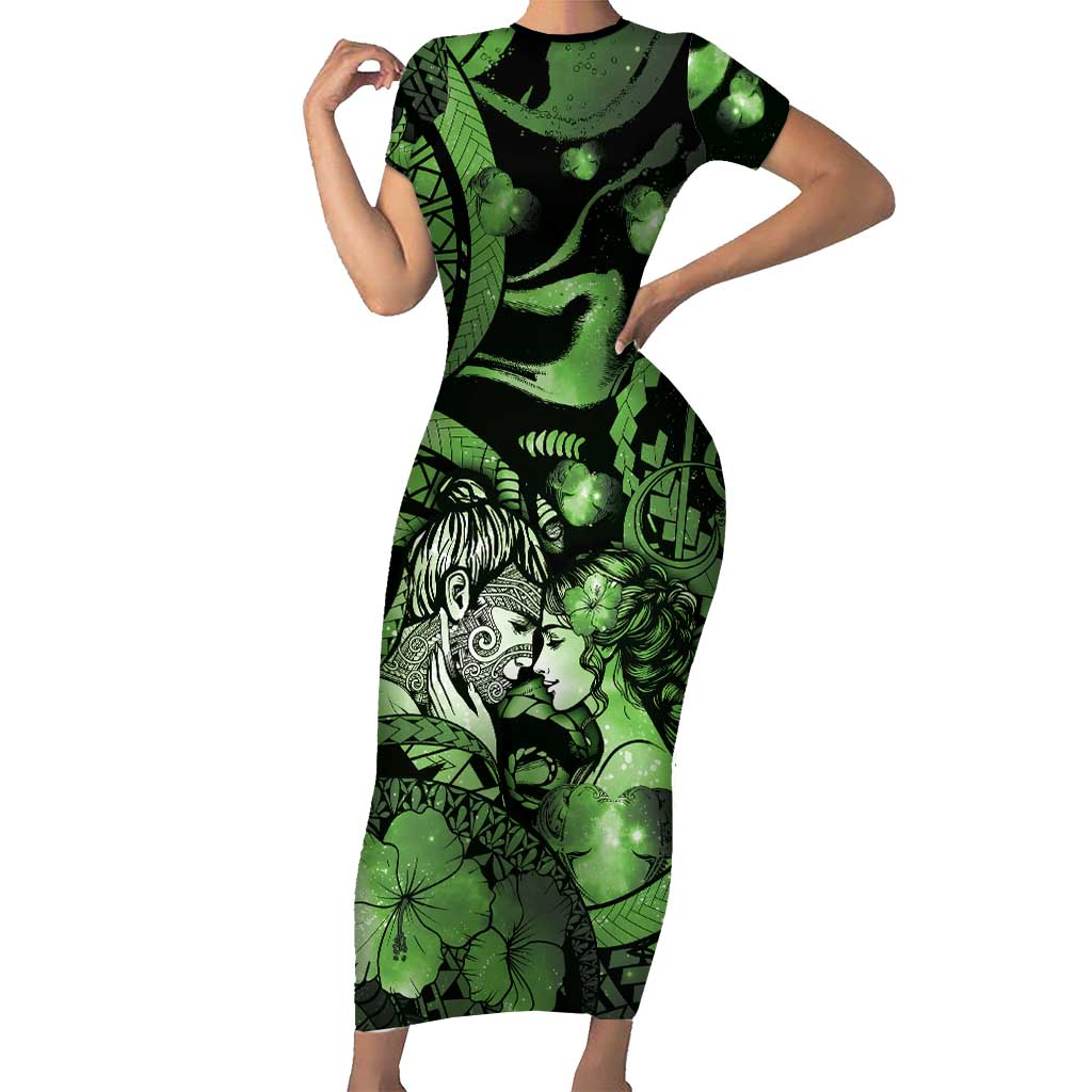 Personalised Maori Romantic Valentine Family Matching Short Sleeve Bodycon Dress and Hawaiian Shirt The Hongi Kiss Green Galaxy