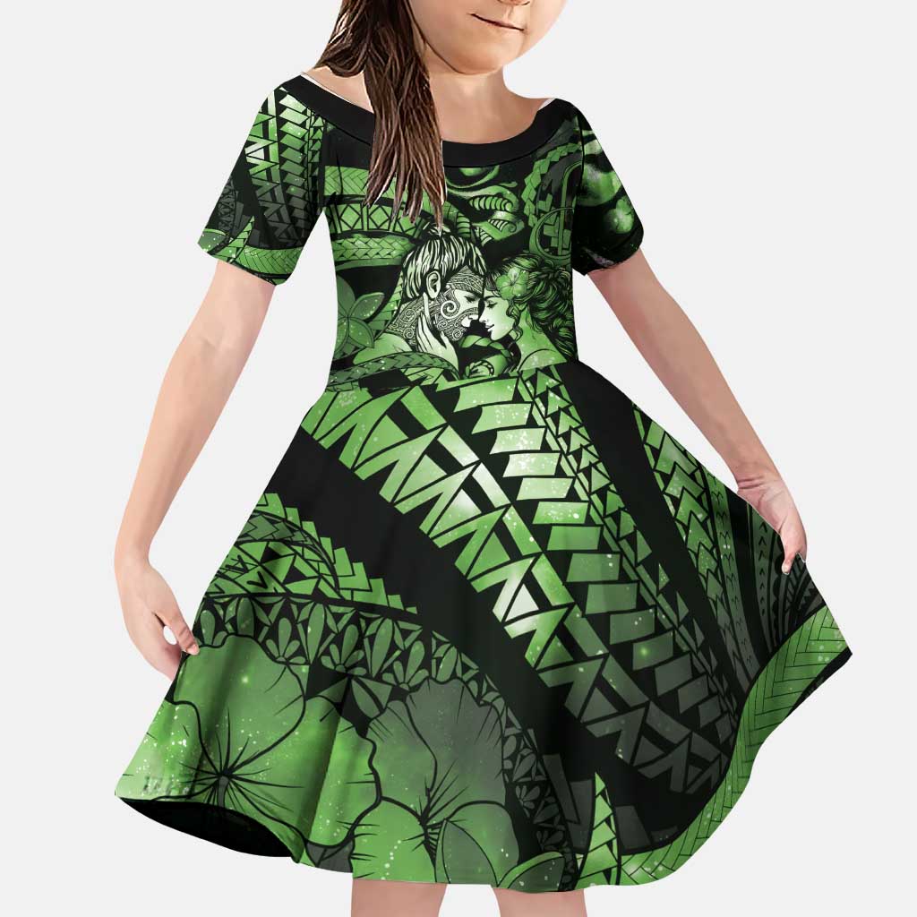 Personalised Maori Romantic Valentine Family Matching Summer Maxi Dress and Hawaiian Shirt The Hongi Kiss Green Galaxy DT05 Daughter's Dress Green - Polynesian Pride