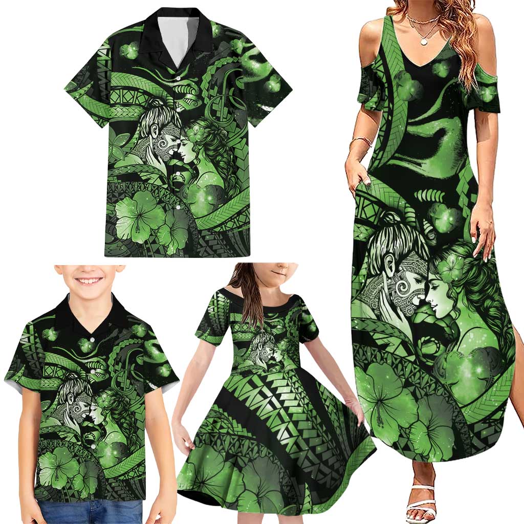 Personalised Maori Romantic Valentine Family Matching Summer Maxi Dress and Hawaiian Shirt The Hongi Kiss Green Galaxy DT05 - Polynesian Pride