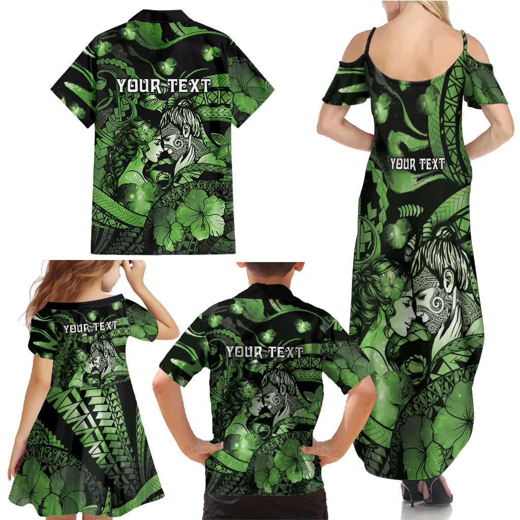 Personalised Maori Romantic Valentine Family Matching Summer Maxi Dress and Hawaiian Shirt The Hongi Kiss Green Galaxy DT05 - Polynesian Pride
