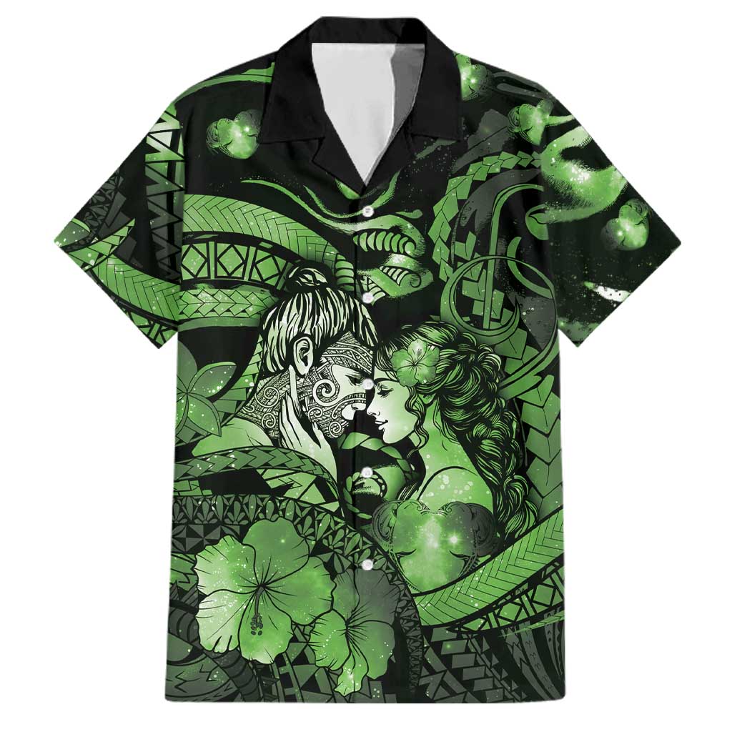 Personalised Maori Romantic Valentine Family Matching Summer Maxi Dress and Hawaiian Shirt The Hongi Kiss Green Galaxy DT05 Dad's Shirt - Short Sleeve Green - Polynesian Pride