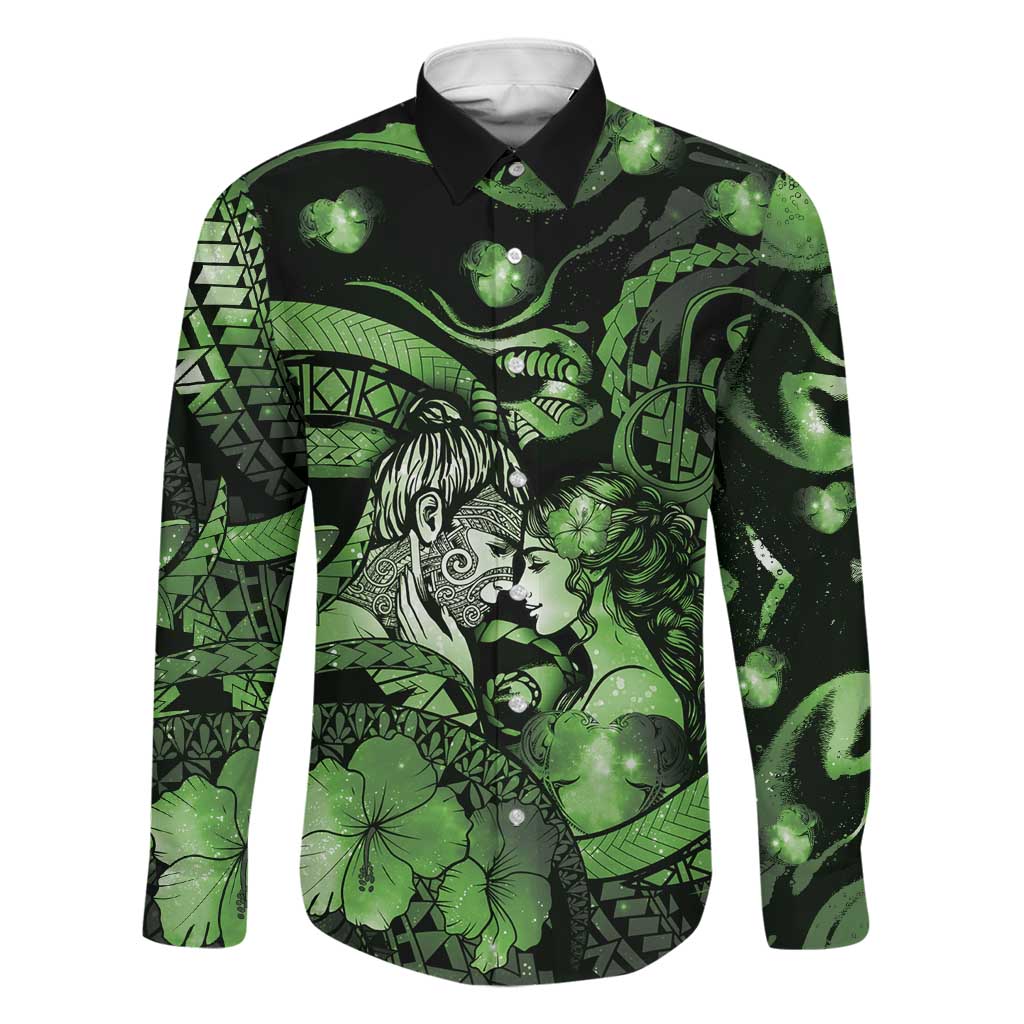 Personalised Maori Romantic Valentine Family Matching Summer Maxi Dress and Hawaiian Shirt The Hongi Kiss Green Galaxy DT05 Dad's Shirt - Long Sleeve Green - Polynesian Pride