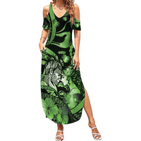 Personalised Maori Romantic Valentine Family Matching Summer Maxi Dress and Hawaiian Shirt The Hongi Kiss Green Galaxy DT05 Mom's Dress Green - Polynesian Pride