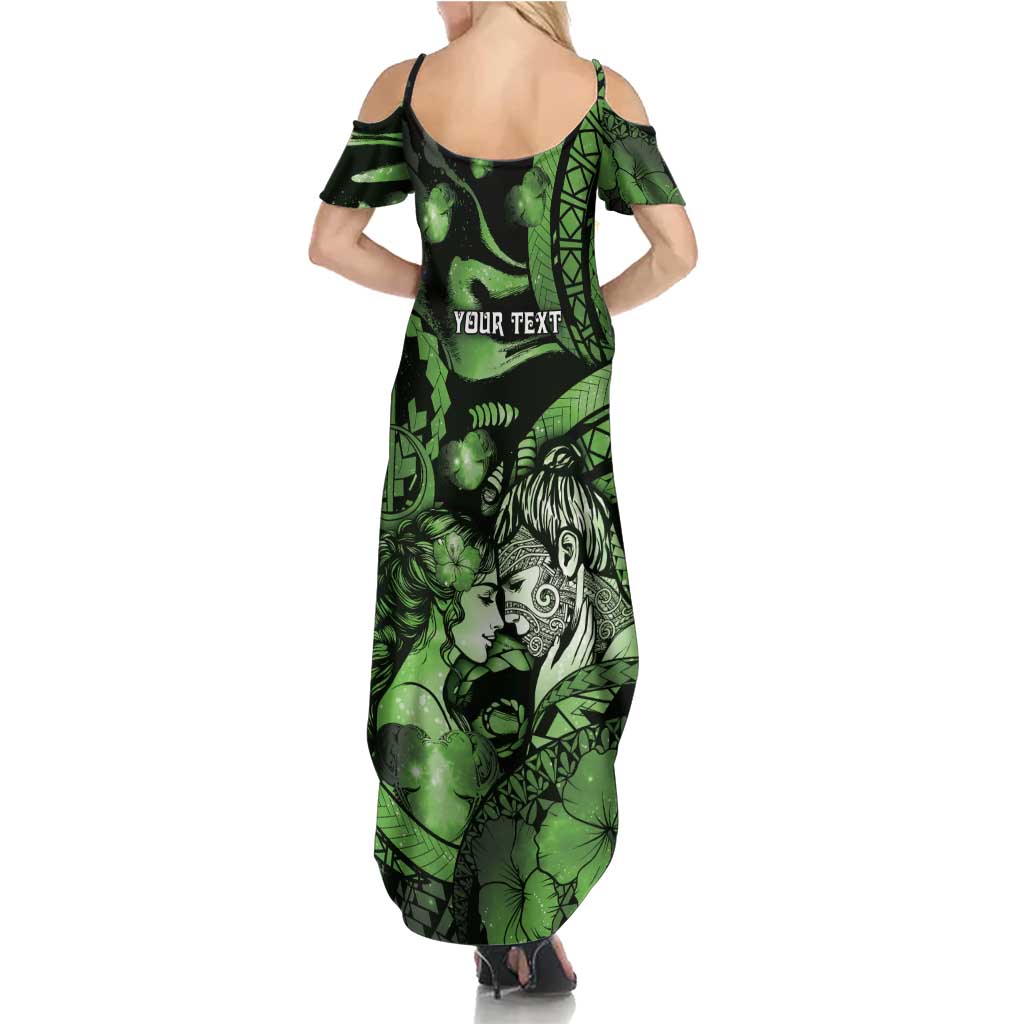 Personalised Maori Romantic Valentine Family Matching Summer Maxi Dress and Hawaiian Shirt The Hongi Kiss Green Galaxy DT05 - Polynesian Pride