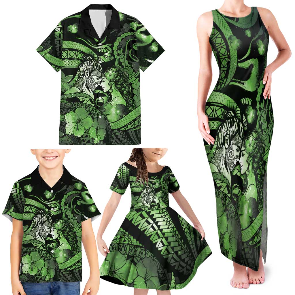 Personalised Maori Romantic Valentine Family Matching Tank Maxi Dress and Hawaiian Shirt The Hongi Kiss Green Galaxy