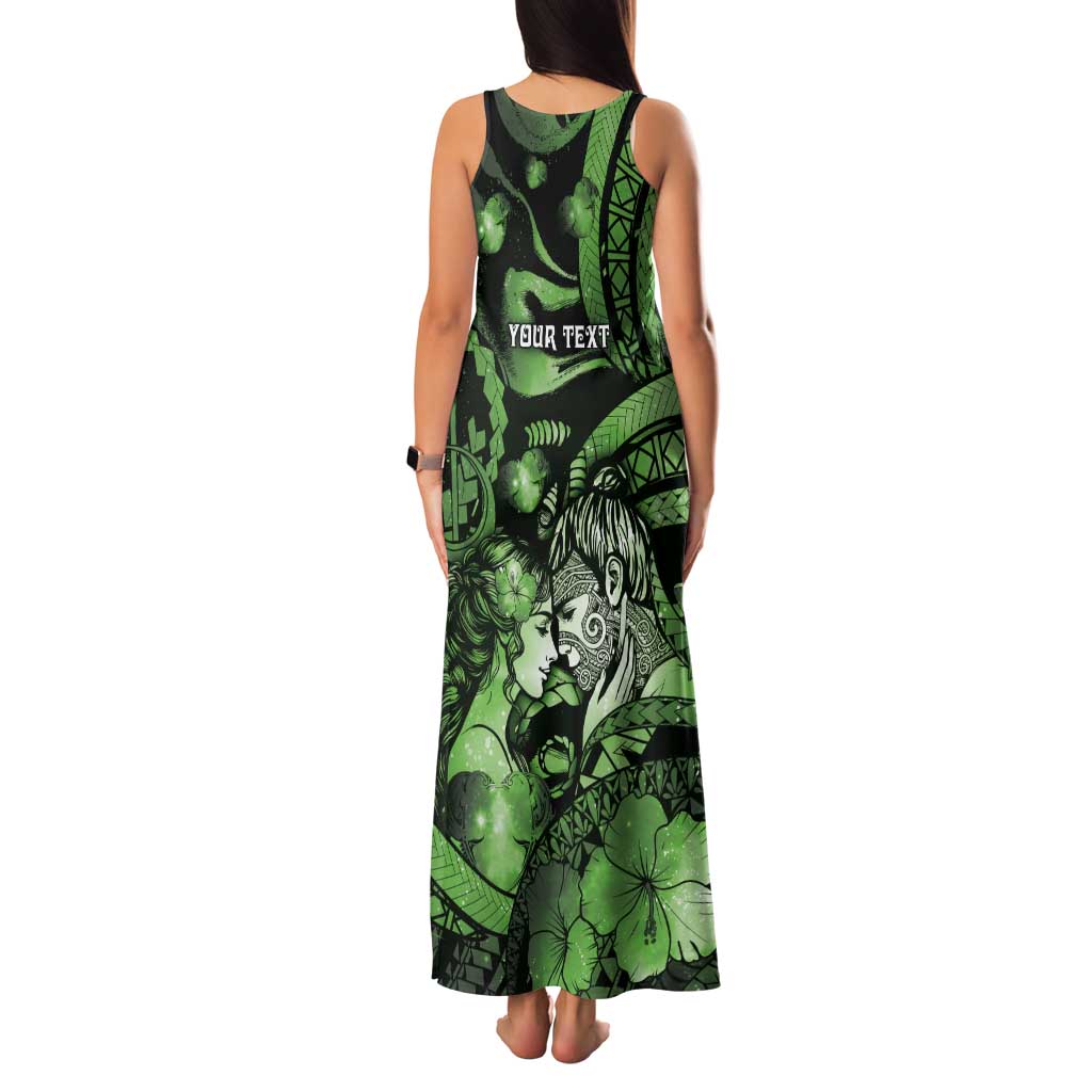 Personalised Maori Romantic Valentine Family Matching Tank Maxi Dress and Hawaiian Shirt The Hongi Kiss Green Galaxy