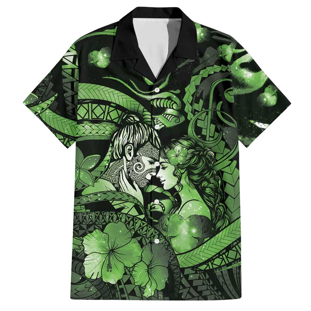Personalised Maori Romantic Valentine Hawaiian Shirt The Hongi Kiss Green Galaxy DT05 Green - Polynesian Pride
