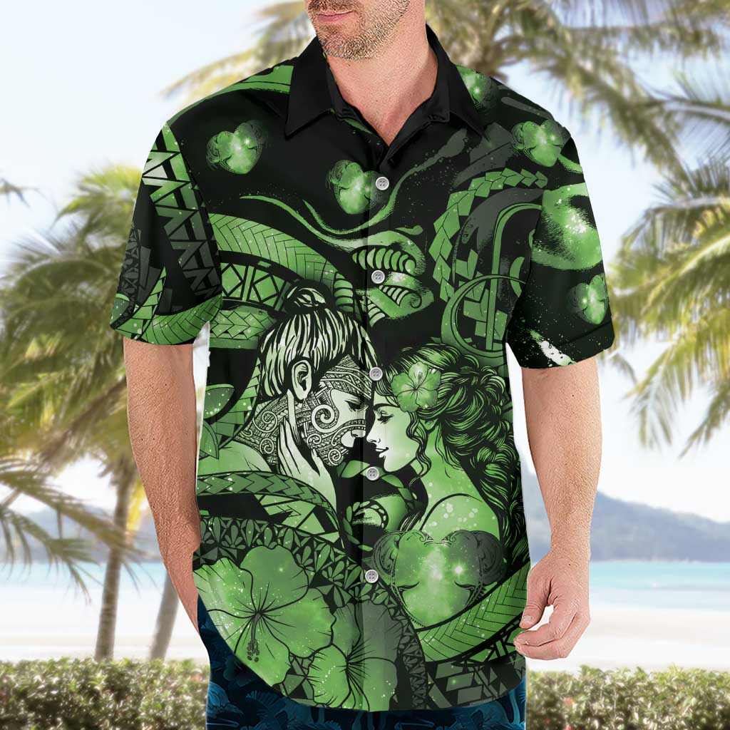 Personalised Maori Romantic Valentine Hawaiian Shirt The Hongi Kiss Green Galaxy DT05 - Polynesian Pride