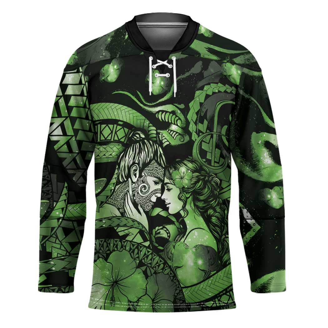 Personalised Maori Romantic Valentine Hockey Jersey The Hongi Kiss Green Galaxy