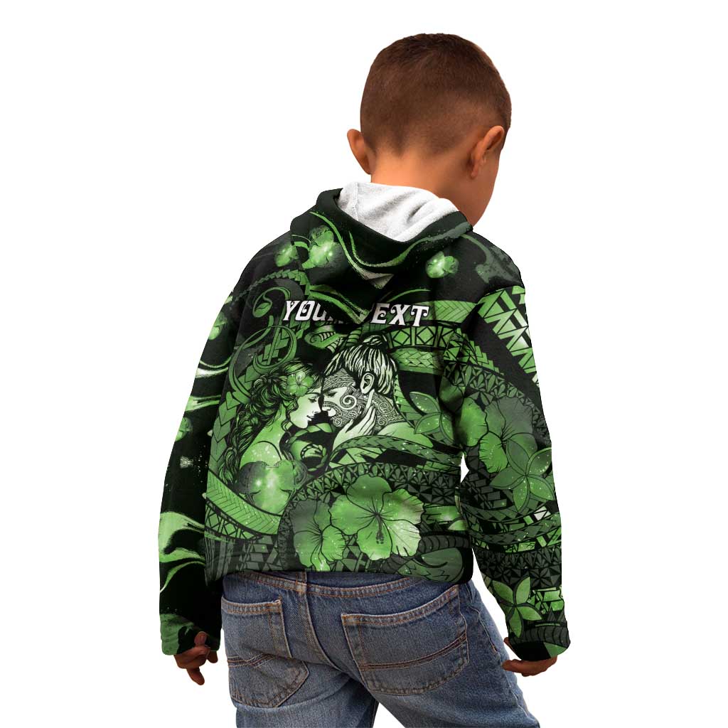 Personalised Maori Romantic Valentine Kid Hoodie The Hongi Kiss Green Galaxy