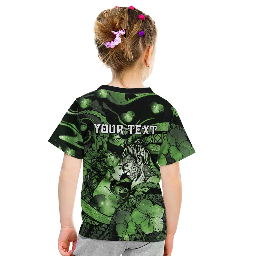 Personalised Maori Romantic Valentine Kid T Shirt The Hongi Kiss Green Galaxy DT05 - Polynesian Pride