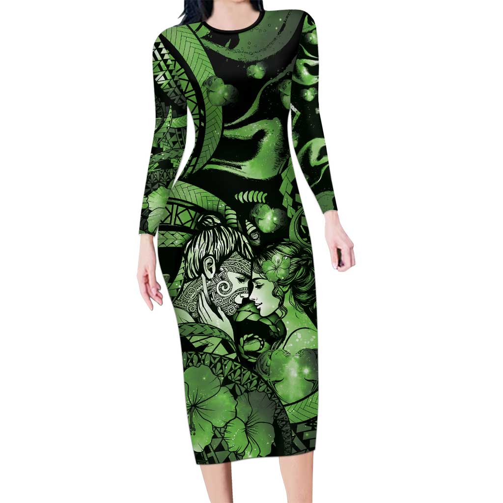 Personalised Maori Romantic Valentine Long Sleeve Bodycon Dress The Hongi Kiss Green Galaxy