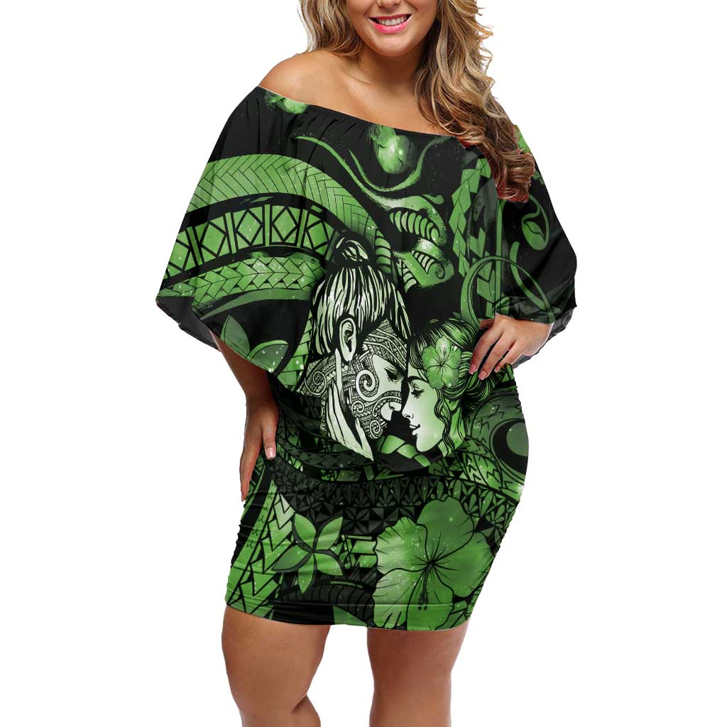 Personalised Maori Romantic Valentine Off Shoulder Short Dress The Hongi Kiss Green Galaxy