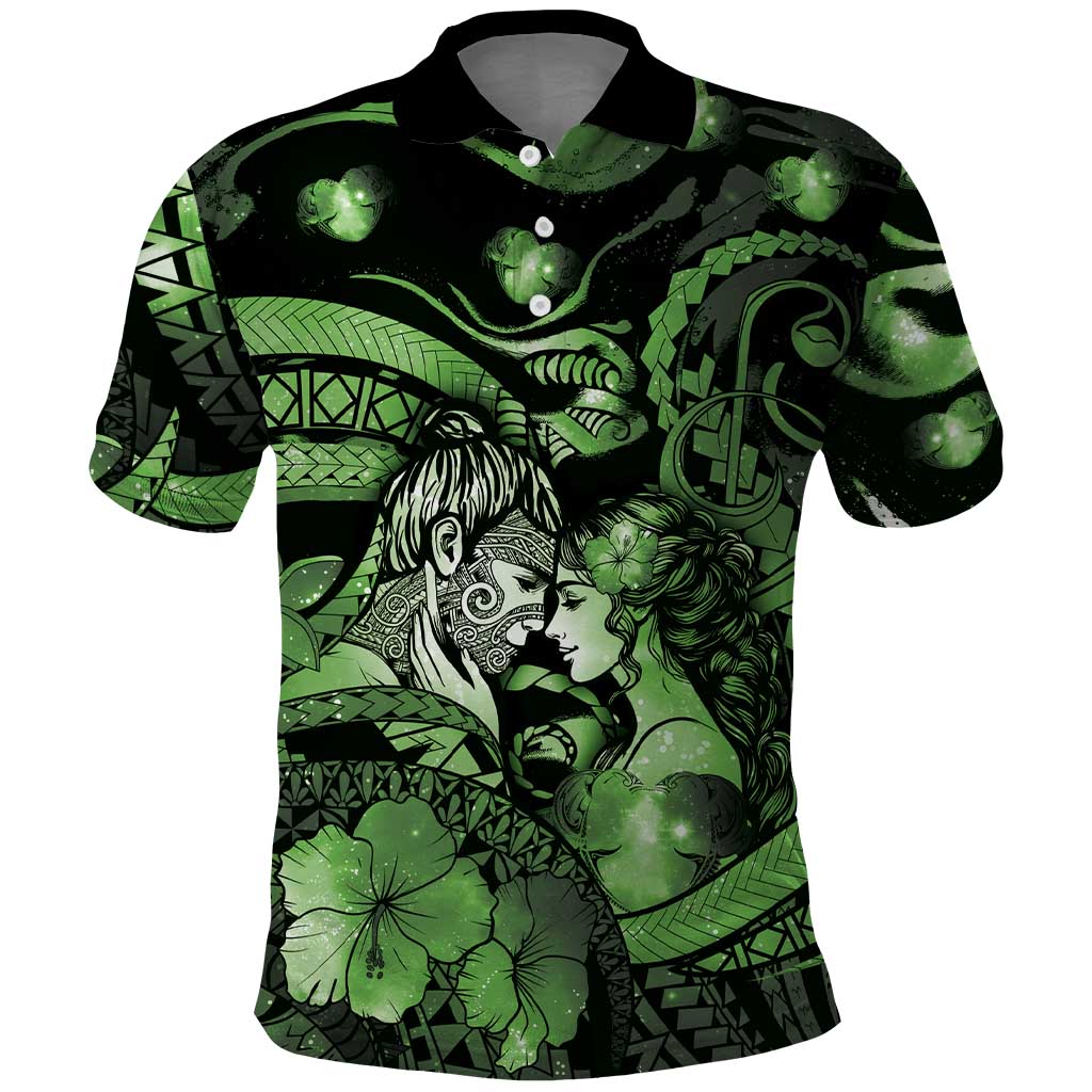 Personalised Maori Romantic Valentine Polo Shirt The Hongi Kiss Green Galaxy DT05 Green - Polynesian Pride