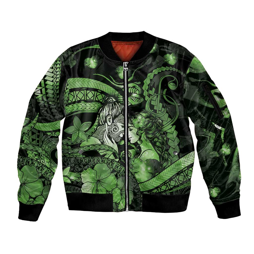 Personalised Maori Romantic Valentine Sleeve Zip Bomber Jacket The Hongi Kiss Green Galaxy