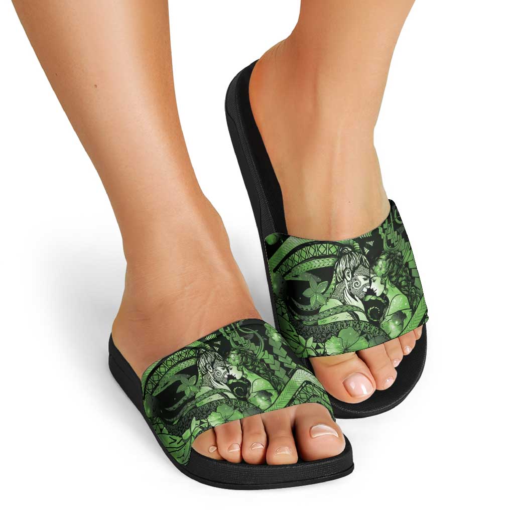 Maori Romantic Valentine Slide Sandals The Hongi Kiss Green Galaxy DT05 - Polynesian Pride