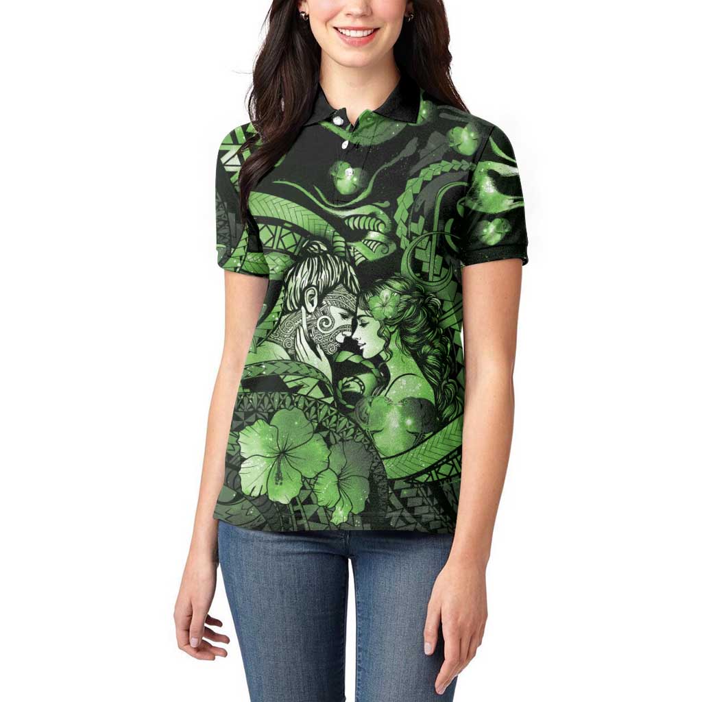 Personalised Maori Romantic Valentine Women Polo Shirt The Hongi Kiss Green Galaxy