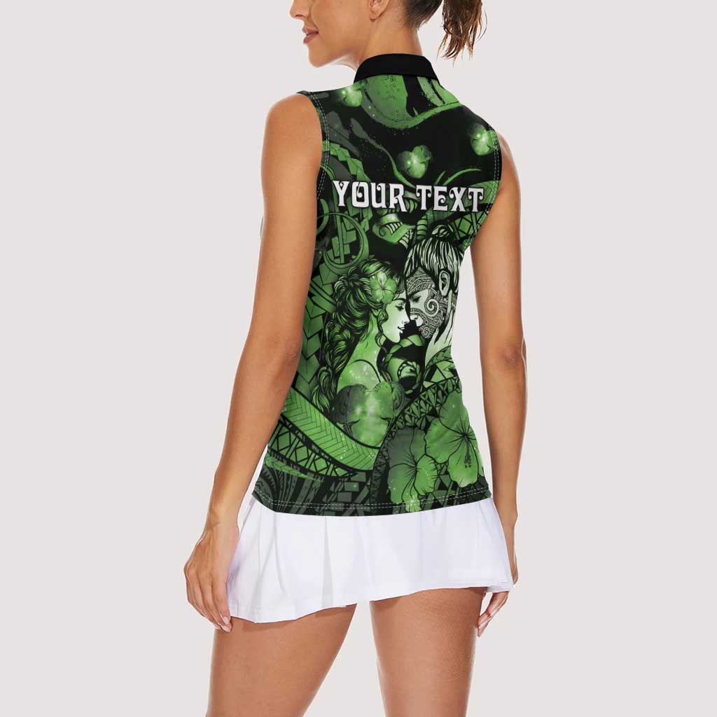 Personalised Maori Romantic Valentine Women Sleeveless Polo Shirt The Hongi Kiss Green Galaxy