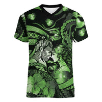 Personalised Maori Romantic Valentine Women V-Neck T-Shirt The Hongi Kiss Green Galaxy