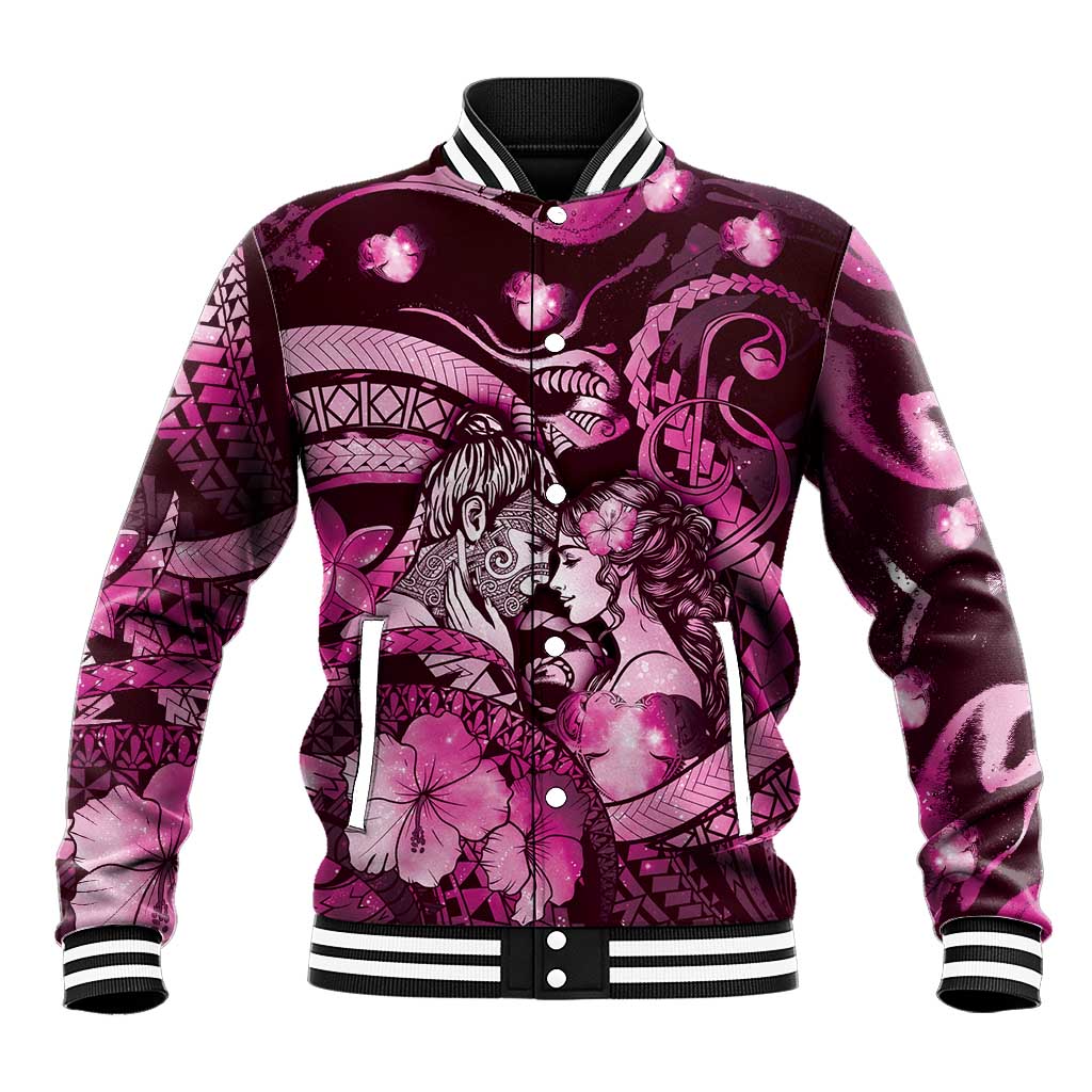 Personalised Maori Romantic Valentine Baseball Jacket The Hongi Kiss Pink Galaxy DT05 Unisex Pink - Polynesian Pride