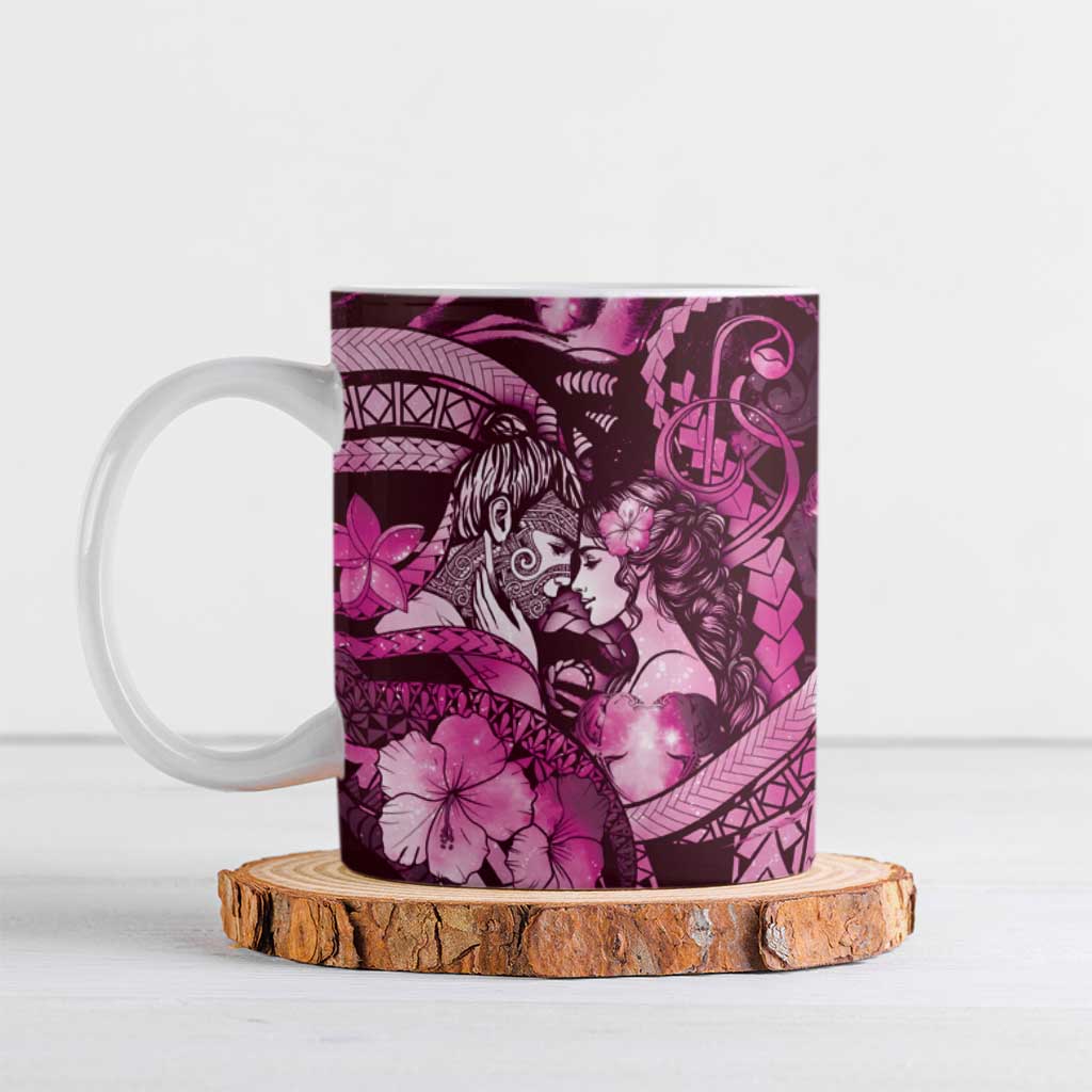 Personalised Maori Romantic Valentine Ceramic Mug The Hongi Kiss Pink Galaxy DT05 Pink - Polynesian Pride