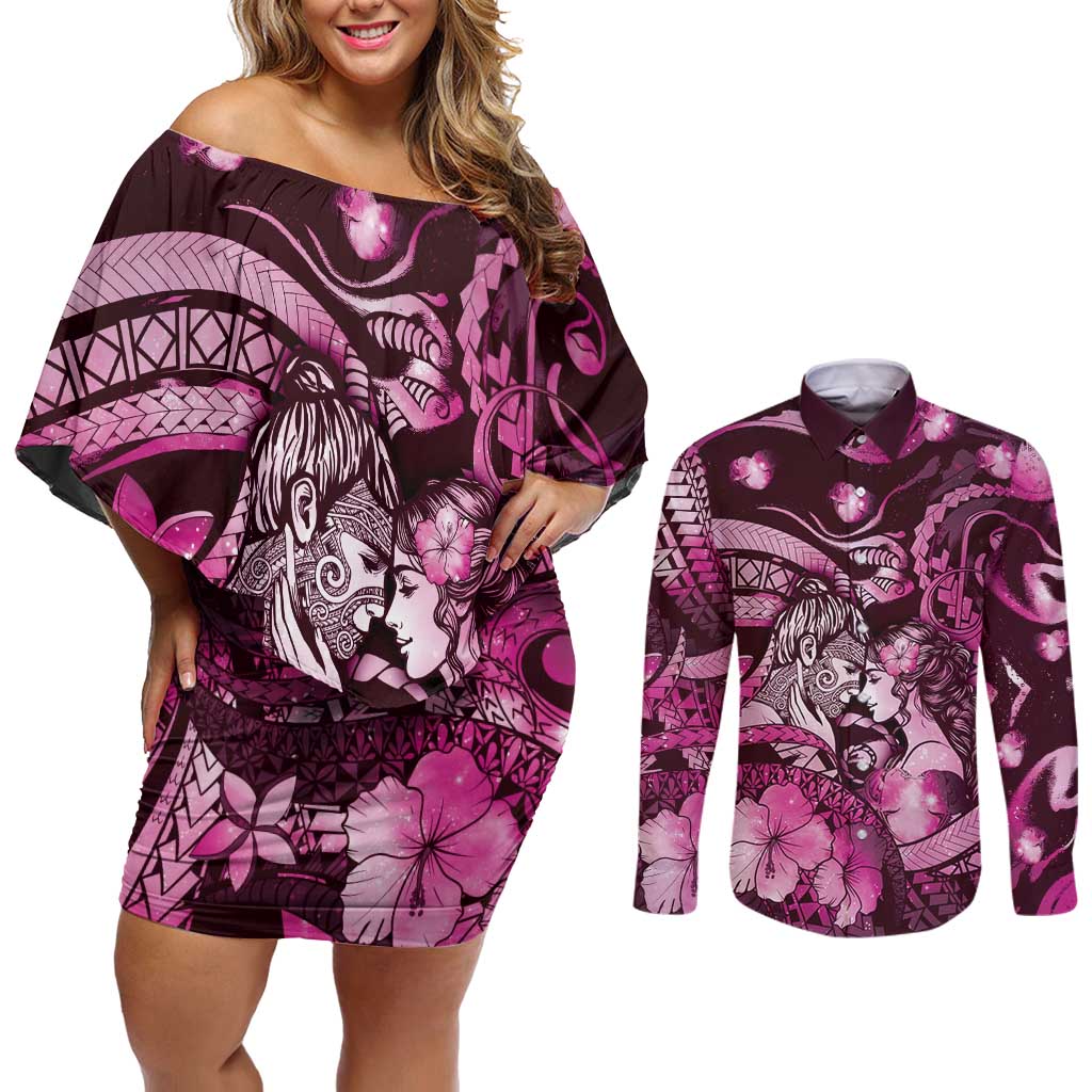 Personalised Maori Romantic Valentine Couples Matching Off Shoulder Short Dress and Long Sleeve Button Shirt The Hongi Kiss Pink Galaxy