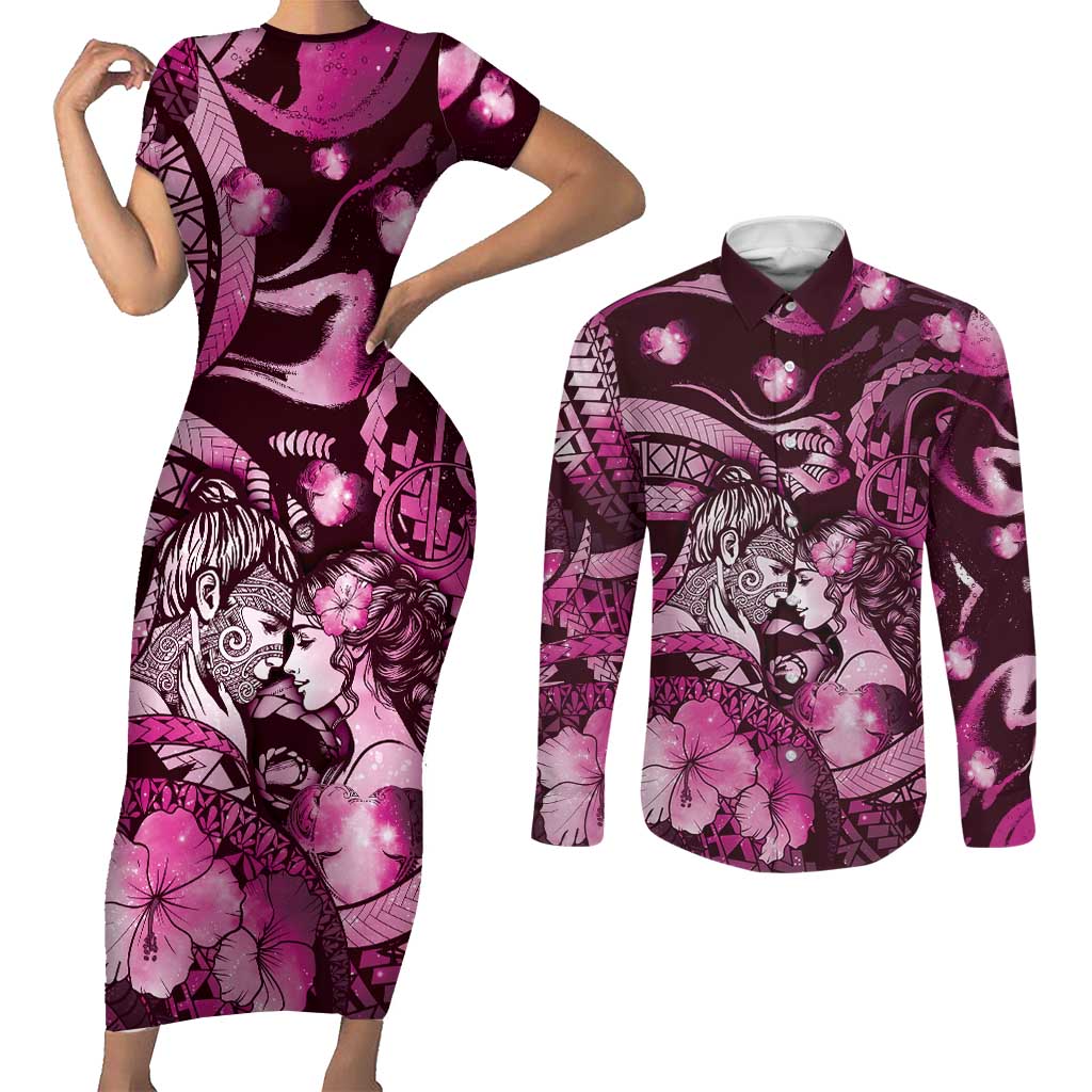 Personalised Maori Romantic Valentine Couples Matching Short Sleeve Bodycon Dress and Long Sleeve Button Shirt The Hongi Kiss Pink Galaxy DT05 Pink - Polynesian Pride